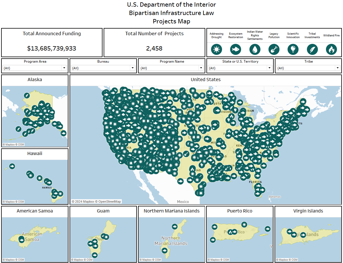 Screenshot of new interactive Bipartisan Infrastructure Law Projects map. Map shows locations of projects across the country.