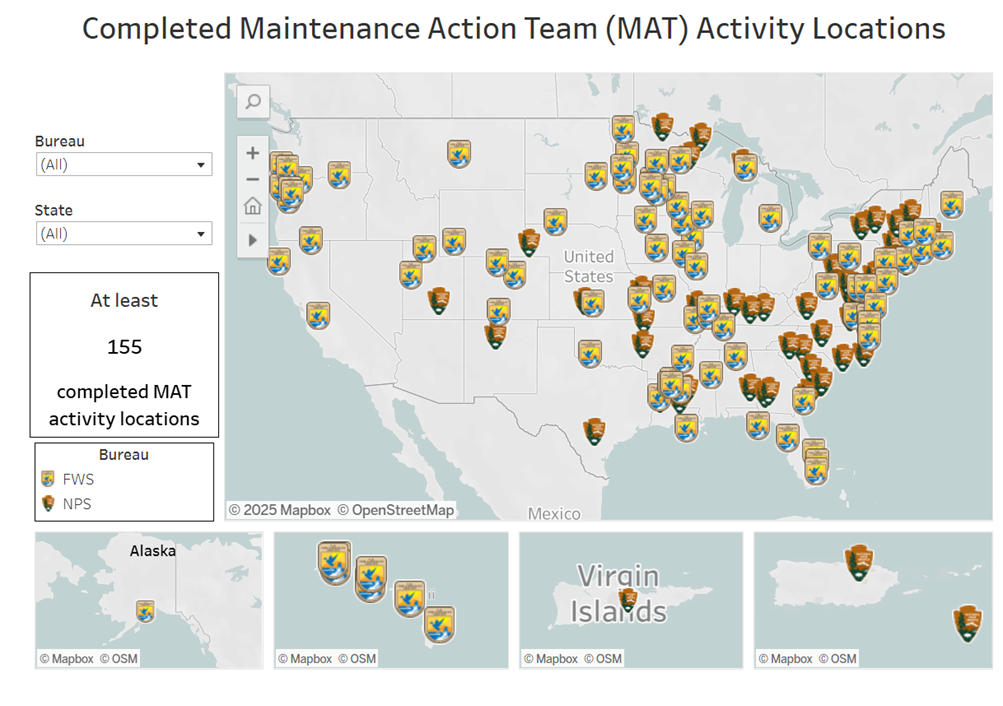 Map with pinpoints showing location of Maintenance Action Team activities.