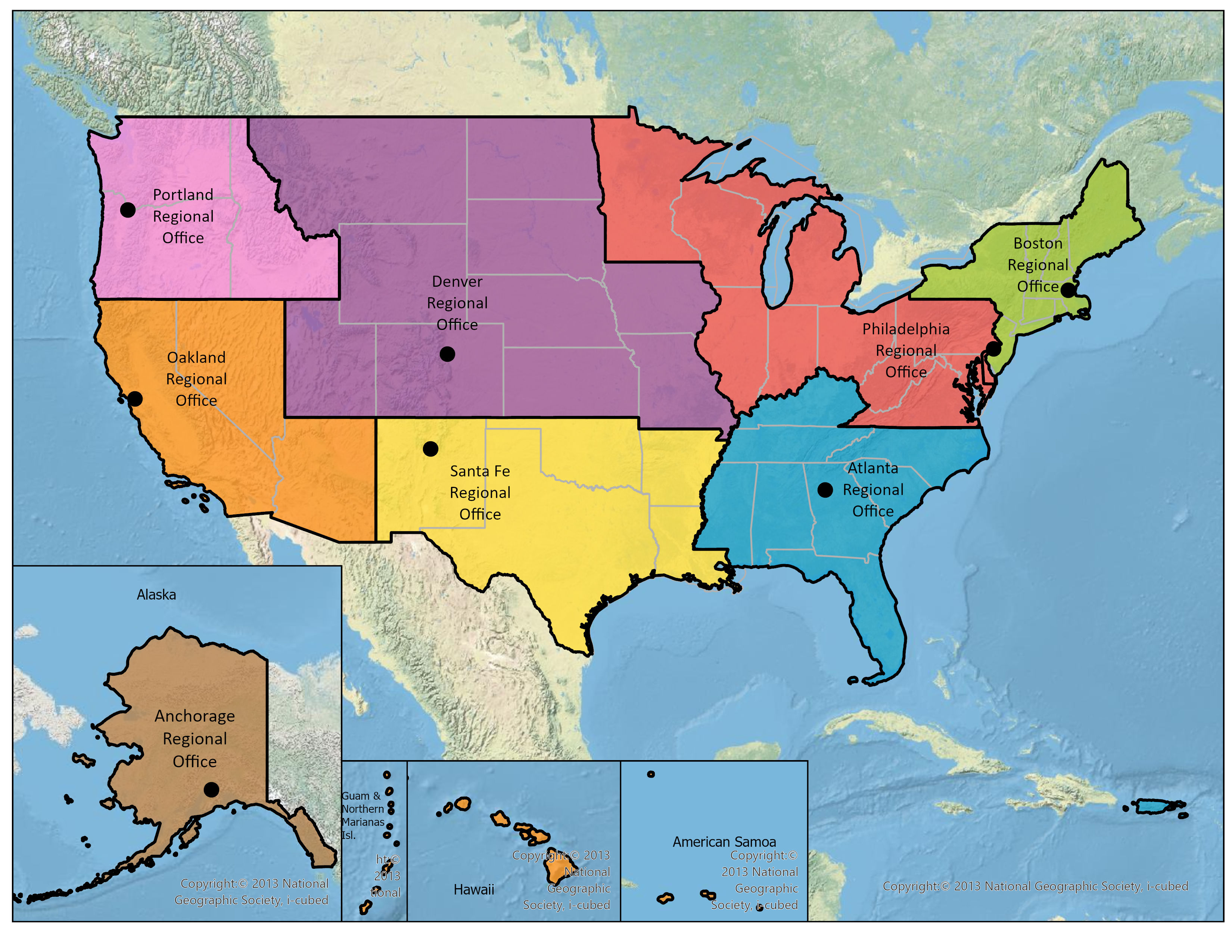 Map shows the boundaries of the regional offices, what states and territories each office covers.