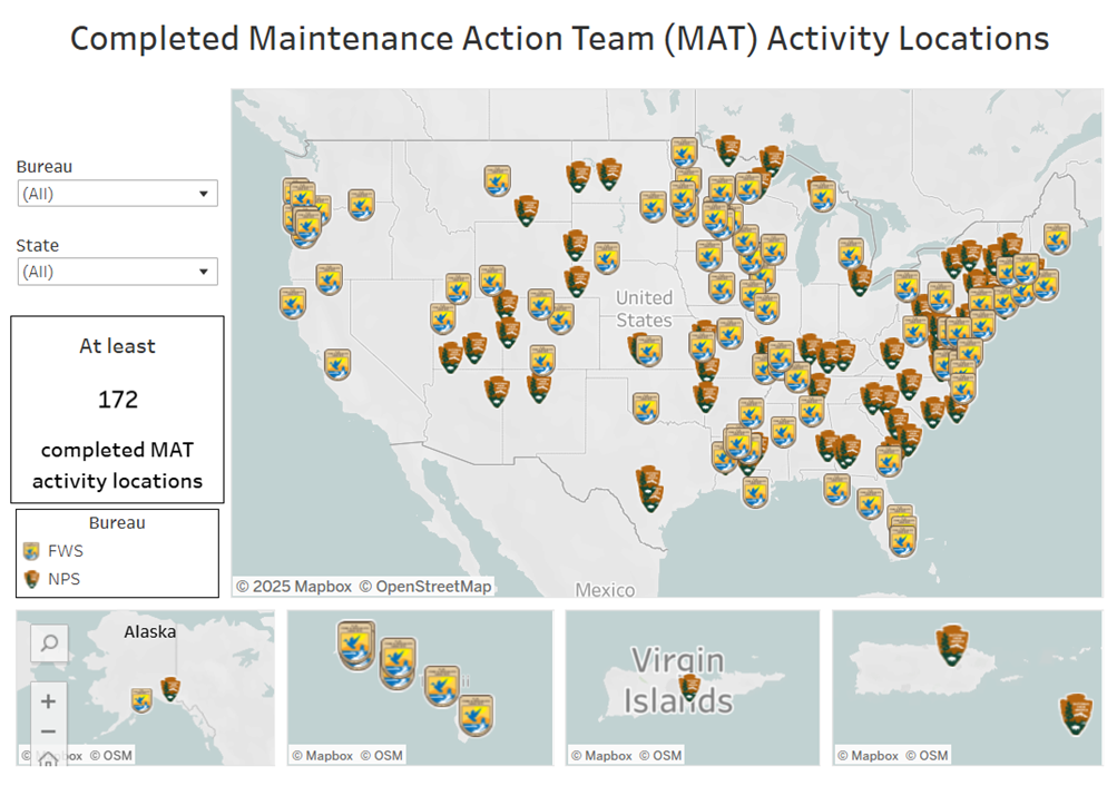 GAOA LRF-funded Maintenance Action Teams as of December (NPS) and June (FWS) 2024. Map with pinpoints showing location of Maintenance Action Team activities.