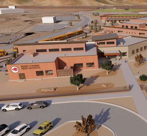 Design rendering of school campus with parking lot in the foreground