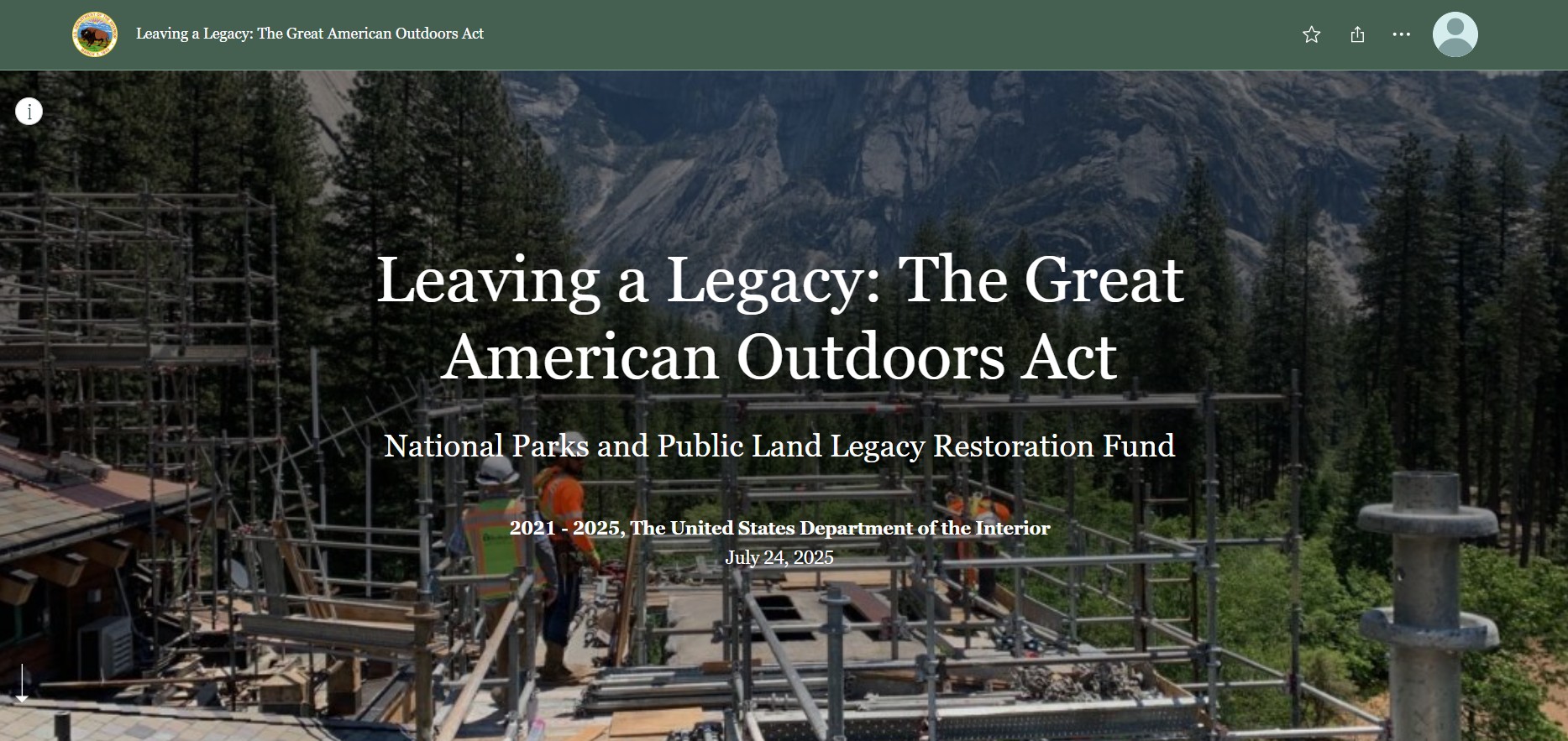 Cover page for "Leaving a Legacy: The Great American Outdoors Act" Story Map