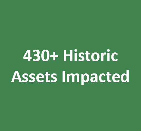 Green box with text reading "430+ Historic Assets Impacted"
