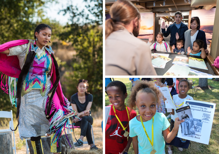 Native dancer in cultural demonstration; junior rangers.