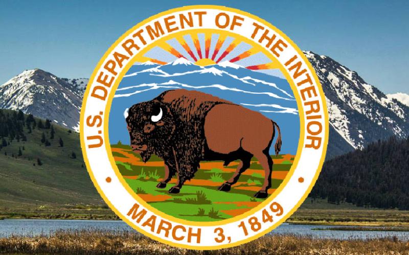 Department of the Interior bison seal set against green mountainous background.