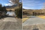 Left image depicting boat launch and gravel trail leading to body of water; Right image depicting new concrete boat launch leading to body of water