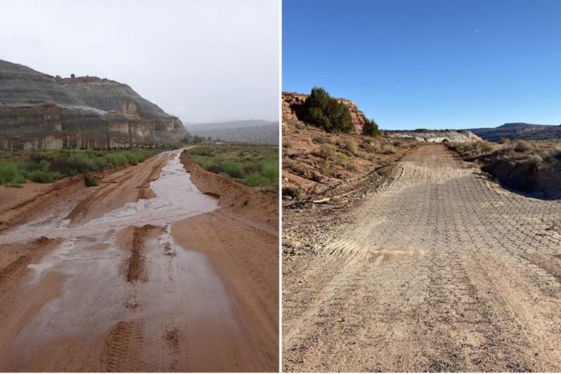 Left image depicting muddy, flooding road with mountains in the background; Right image depicting repaired dirt road with mountains in the background