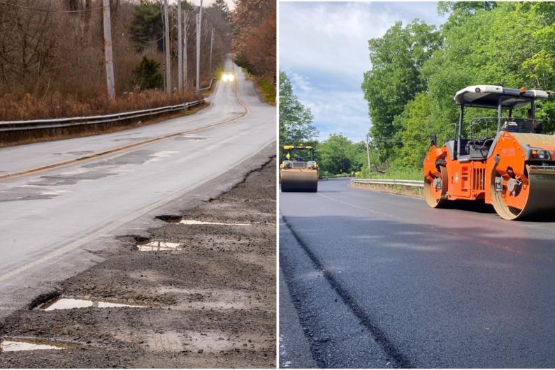 Left image depicting road with cracks and pot holes; Right image depicting orange paving vehicle driving on smooth, paved road