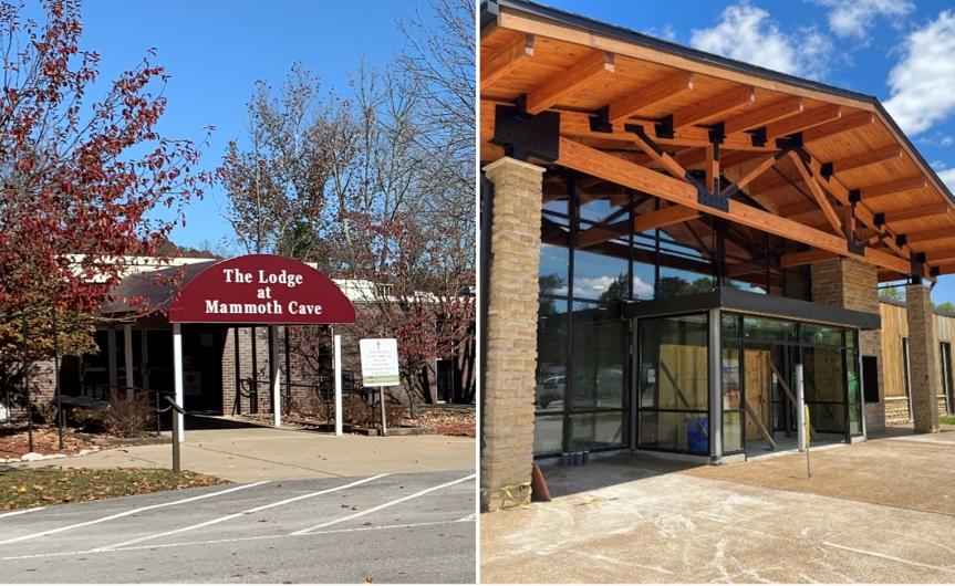 Left image depicting a parking lot with a building and a tree; Right image depicting a building with glass windows and bright orange roof