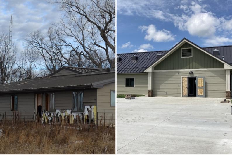 Left image displaying decaying white concrete structure floating in water; Right image depicting freshly painted white concrete structure floating in water
