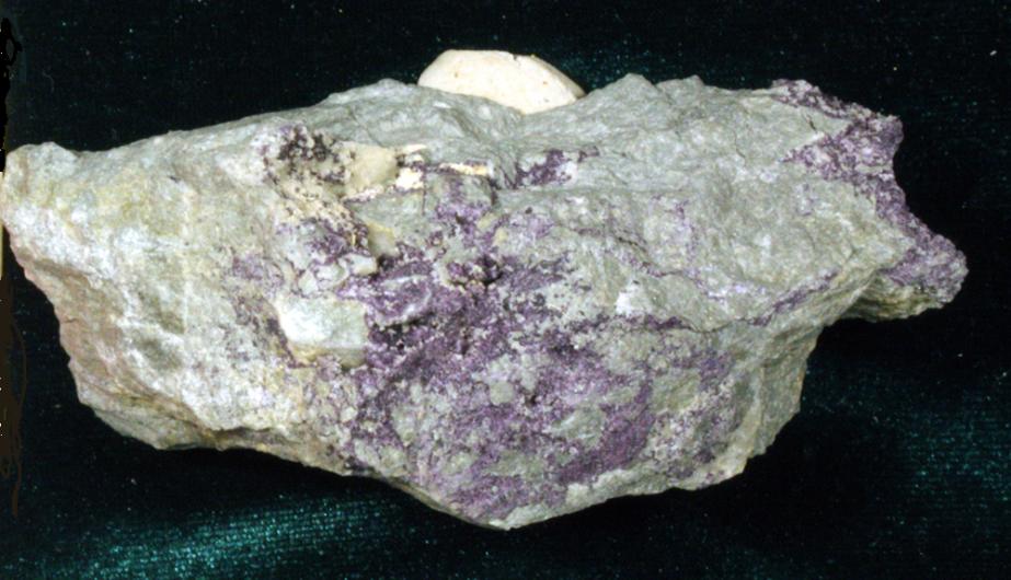 Closeup of a flourite telluride (a grey and purple rock) sample.