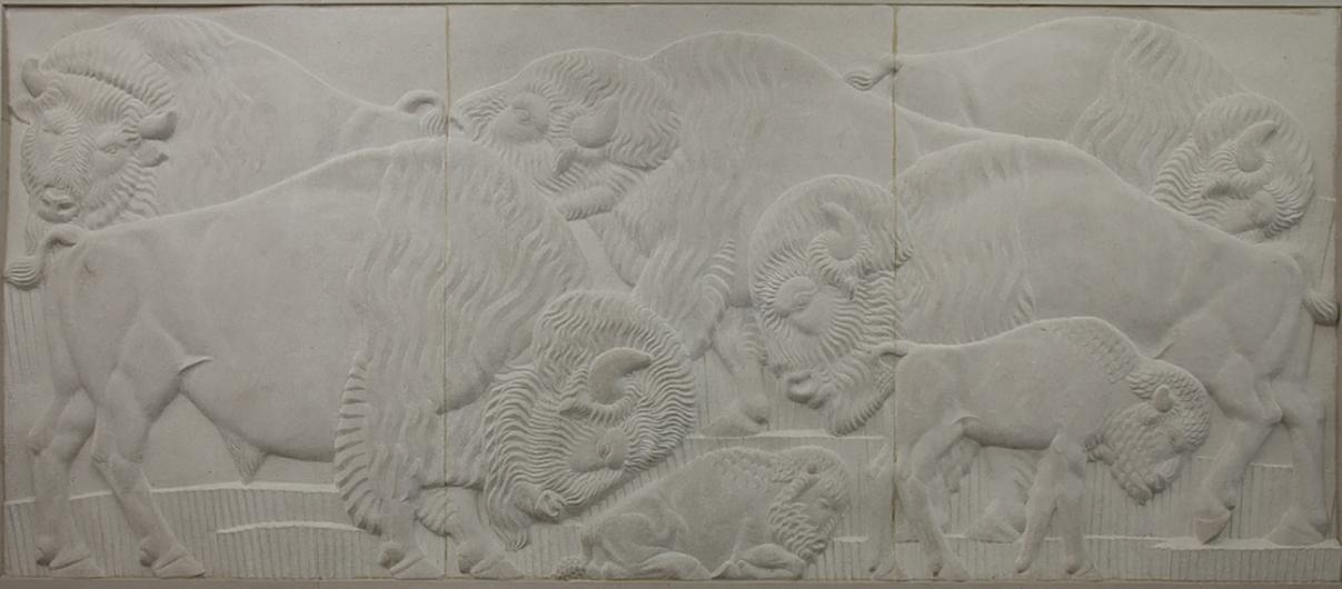 Bas relief panel of Missouri marble depicting a herd of bison