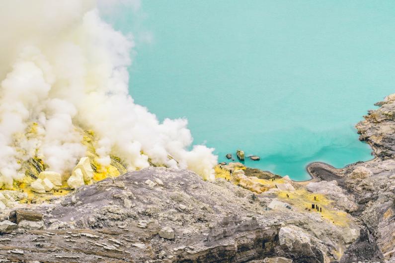 Photo of Kawah Ijen Volcano with Sulfur Mining in Indonesia