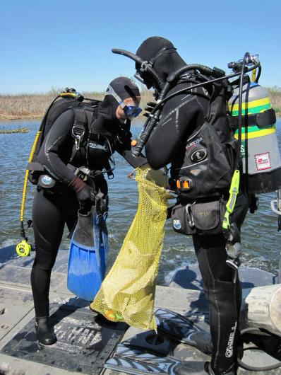 Two people wearing wet suits and diving gear like masks, oxygen tanks, fins, and gloves stand on the deck of a boat.