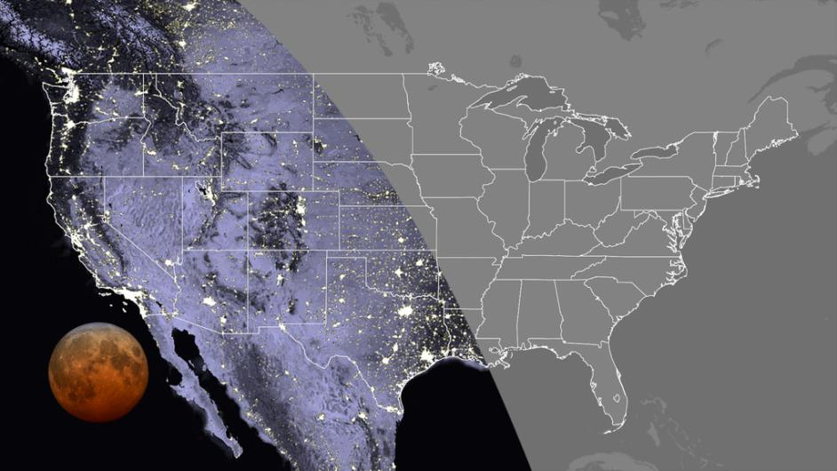 Map that highlights the western states for the total lunar eclipse. 