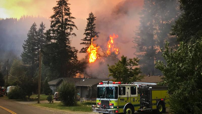 A ranch house sits on a quiet one-lane road, backing up to a forested hillside. A fire engine is parked in the driveway, a hose snaking along the ground beside it. Immediately behind the house, yellow-orange flames blaze through several evergreen trees. Smoke obscures the forested hills beyond the neighborhood.
