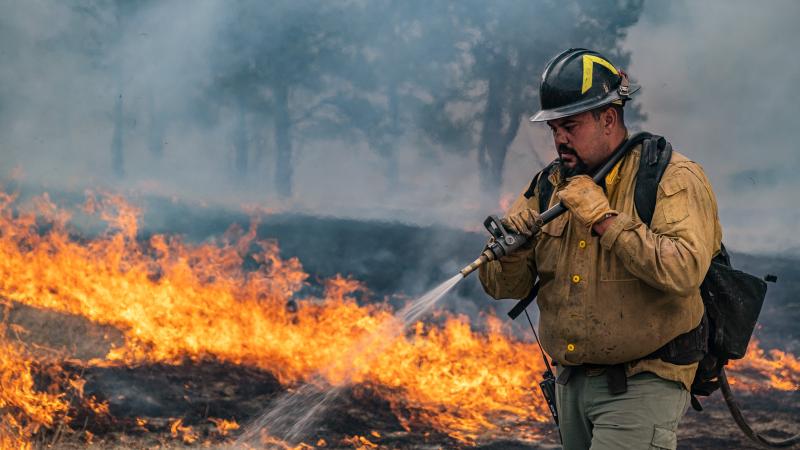 A smudged wildland firefighter holds a hose over his shoulder and sprays water on low orange-yellow flames. Behind him, scorched ground and trees are visible in a haze of gray smoke.