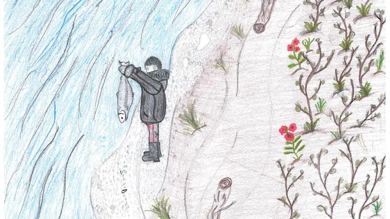Colored pencil drawing of a young boy holding a fish by its tail on a shore, with shrubs and flowers behind him