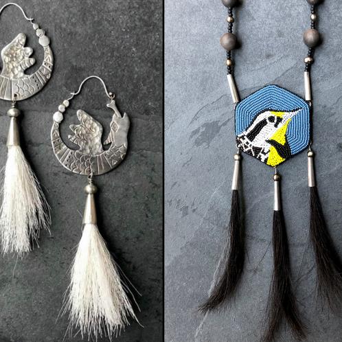 "Uktena Earrings" and "Meadowlark Necklace." © Elizabeth Hazen "Uktena Earrings" and "Meadowlark Necklace" © Elizabeth Hazen