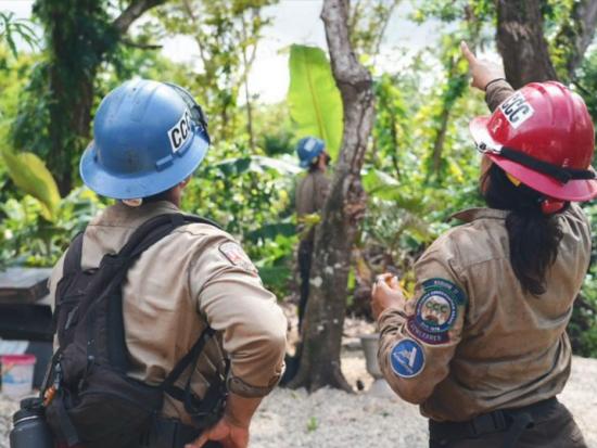 Conservation Corps workers wearing hardhats at the sight of a conservation project in a tropical forest.