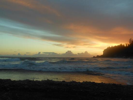 As the sun is rising, waves are crashing against a beach landscape.