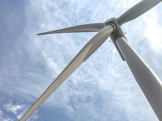 A close up view of an offshore wind turbine.