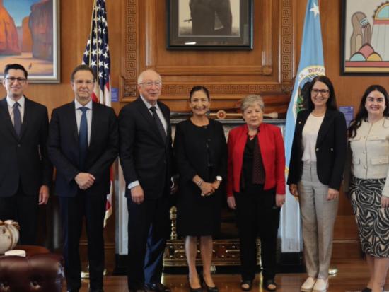  Secretary Haaland and U.S. Ambassador to Mexico Ken Salazar pose with Mexican Foreign Secretary Alicia Bárcena and others.