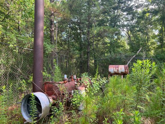 Rusty well equipment in overgrown grass.