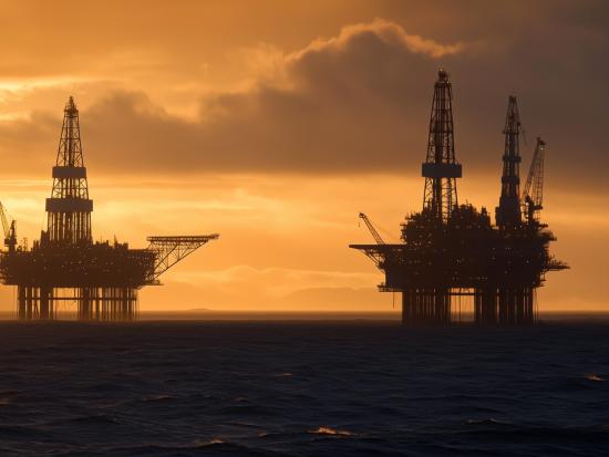 Two offshore oil drilling platforms silhouetted against an orange sunset sky