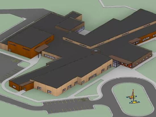 Aerial view of a design rendering for a Bureau of Indian Education school campus