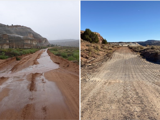 Left image depicting muddy, flooding road with mountains in the background; Right image depicting repaired dirt road with mountains in the background.