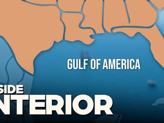 Gulf Of America appears in white text below a tan outline of the United States