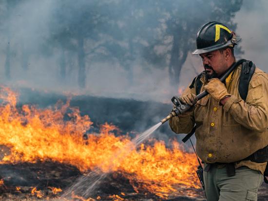 A smudged wildland firefighter holds a hose over his shoulder and sprays water on low orange-yellow flames. Behind him, scorched ground and trees are visible in a haze of gray smoke.