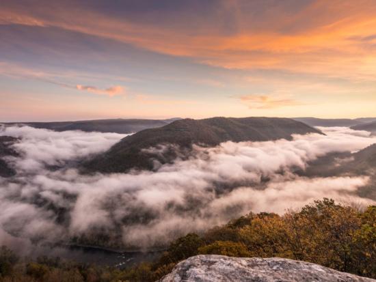 Panorama Of New River At Grand View In New River Gorge National Park At Sunrise In West Virginia