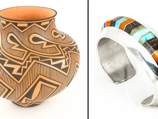 "Zuni Geometric Red Pottery Bowl" by Anderson Jaime Peynetsa (Zuni Pueblo). "Multi-Gemstone Bracelet" by Duane Maktima (Laguna Pueblo/Hopi). © Indian Pueblo Store.