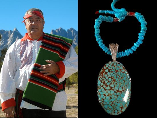 A photograph of Joseph Jojola and his jewelry.