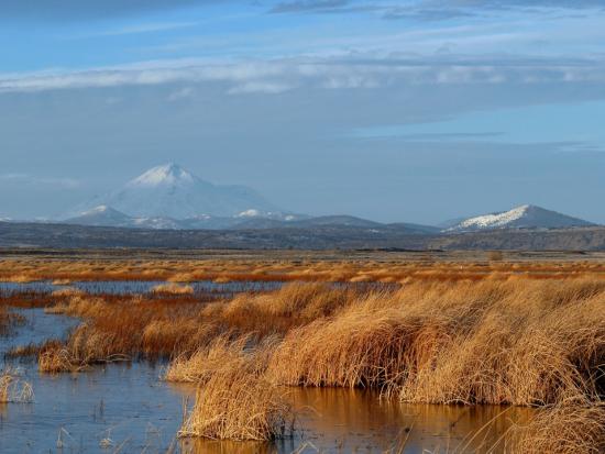 Snow-capped mountains behind a clear lake.