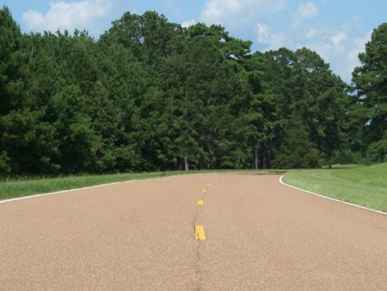 A paved road with a crack down the center line. Grass and trees line the roadway.