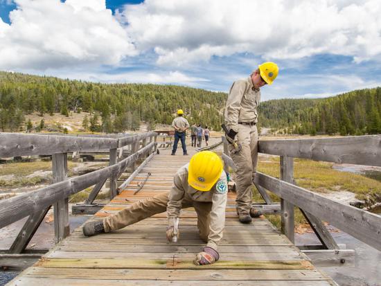 YCC crew repairing boardwalks around Firehole Lake