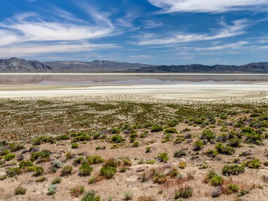 Desert landscape with dark mountains in the backdrop and a partly cloudy blue sky. 