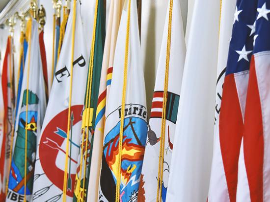 Hallway with flags from different nations.