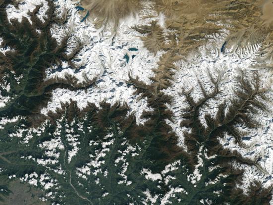 Glaciers, and the lakes formed by glacial meltwater, are visible in this Landsat image of Nepal.