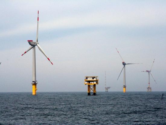 Offshore wind turbines.