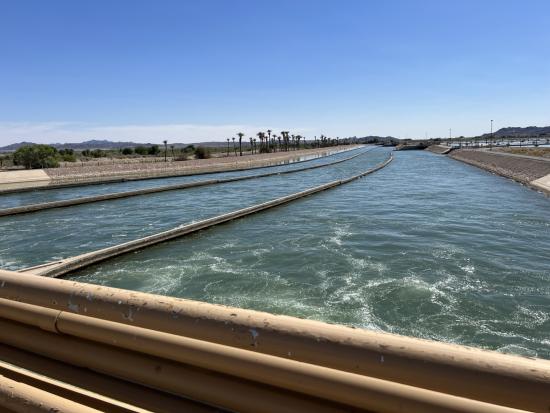 Surface and groundwater storage area, high desert landscape in the backdrop. 