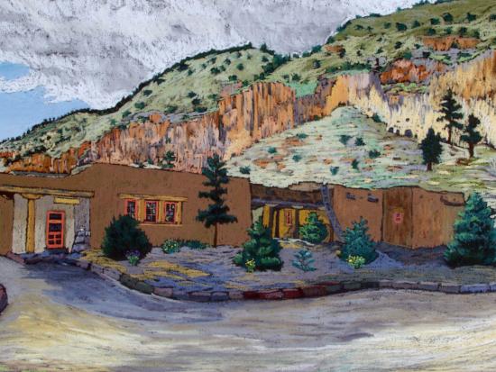 Pastel landscape of Bandelier National Monument's Administration building nestled against the mountains