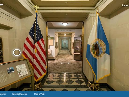 Screenshot of the opening "Welcome" vista for the Interior Museum's virtual tour, showing the entrance to the galleries.