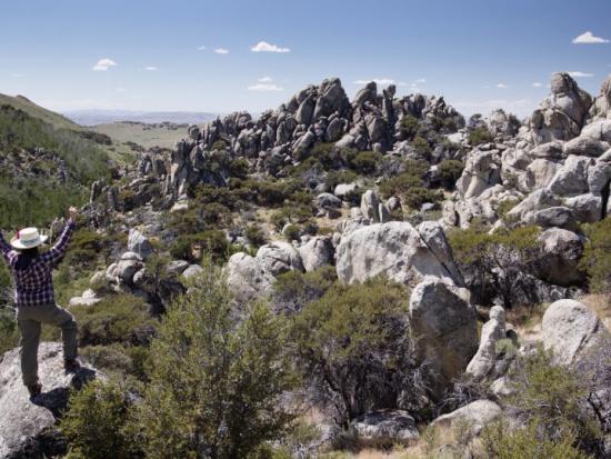 A hiker raises her arms above her head as she stands amidst a rocky, hilly landscape 