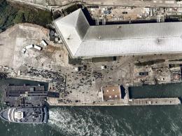 Aerial view of Alcatraz concrete wharf and finger pier.