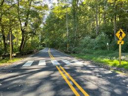 A freshly paved road with a painted crosswalk