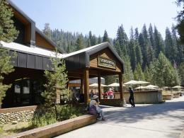 Guests sit outside on picnic tables in front of a large brown and green building.